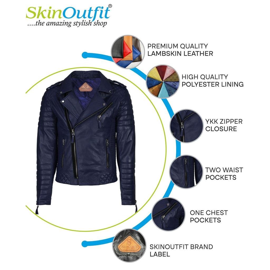 SKINOUTFIT Men Motorcycle Leather Jacket Genuine Blue Lambskin Café Racer Biker Outerwear