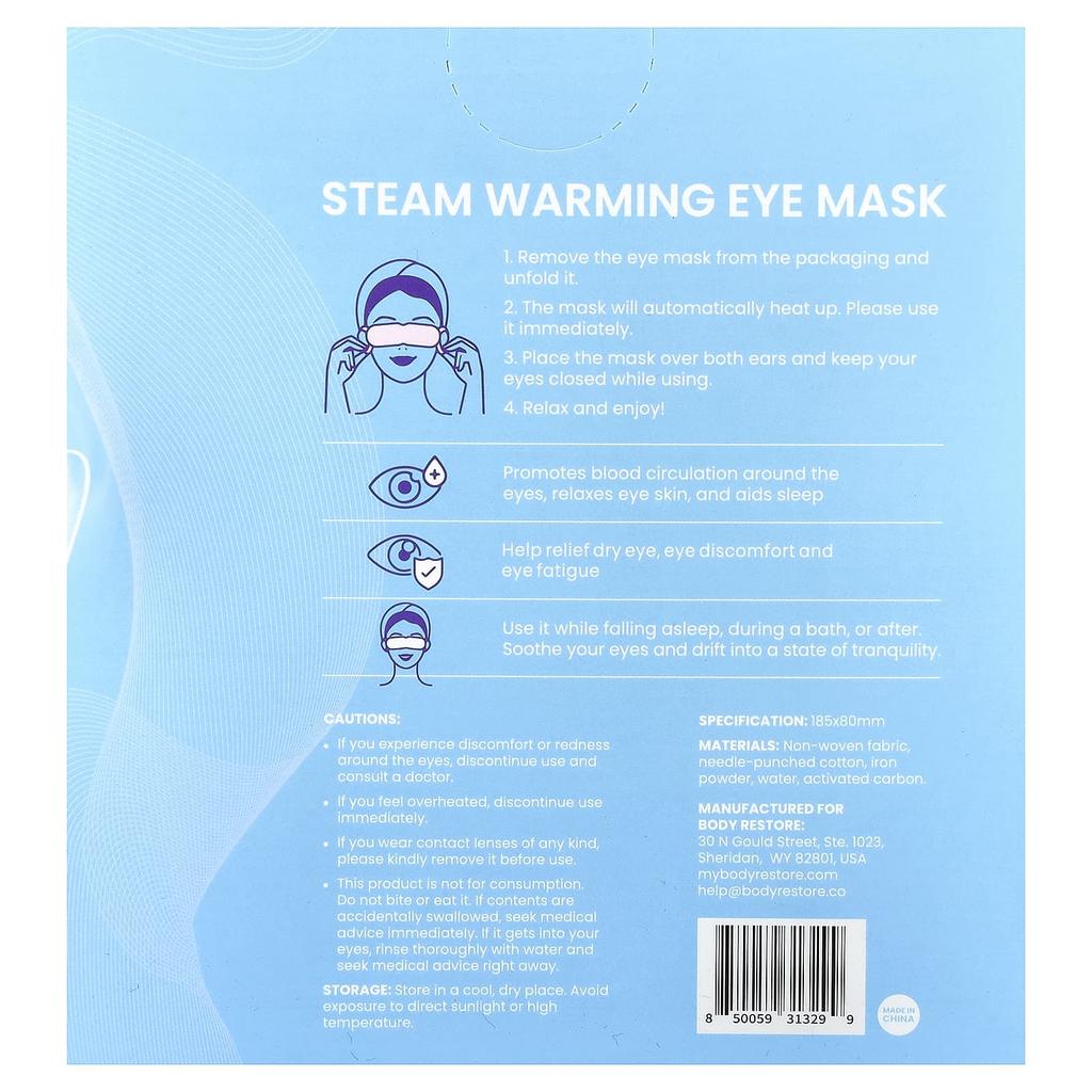 Body Restore, Steam Eye Mask, Fragrance Free, 5 Pack