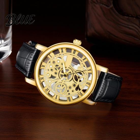Quartz Watch Men Vintage Hollow Round Dial Faux Leather Strap