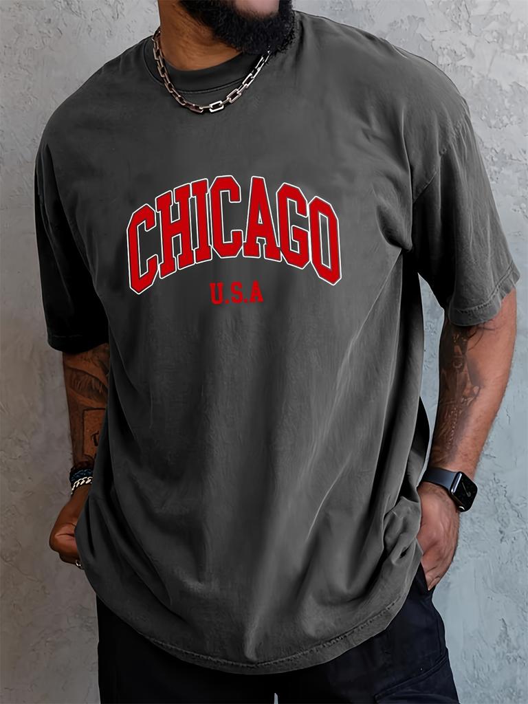 Unisexs Summer 100 Cotton Fashionable Casual Loose Plus Size Chicago USA Printed Sports Round Neck Short Sleeved Tshirt Top