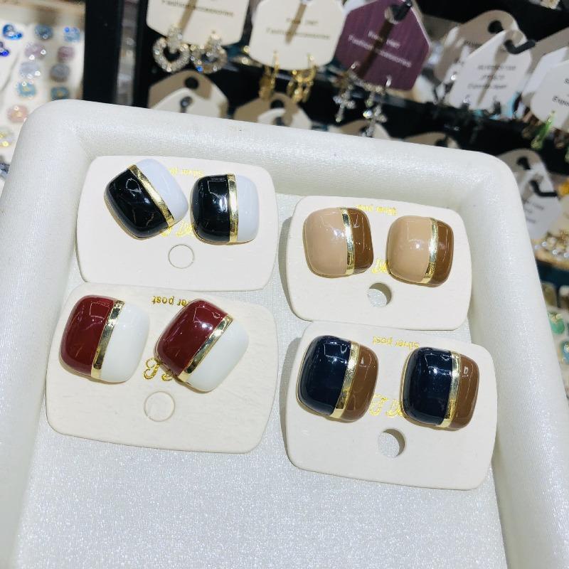 Vintage Wine Red White Mix Color Enamel Metal Geometry Square Stud Earrings for Women Girls Party Jewelry Gift