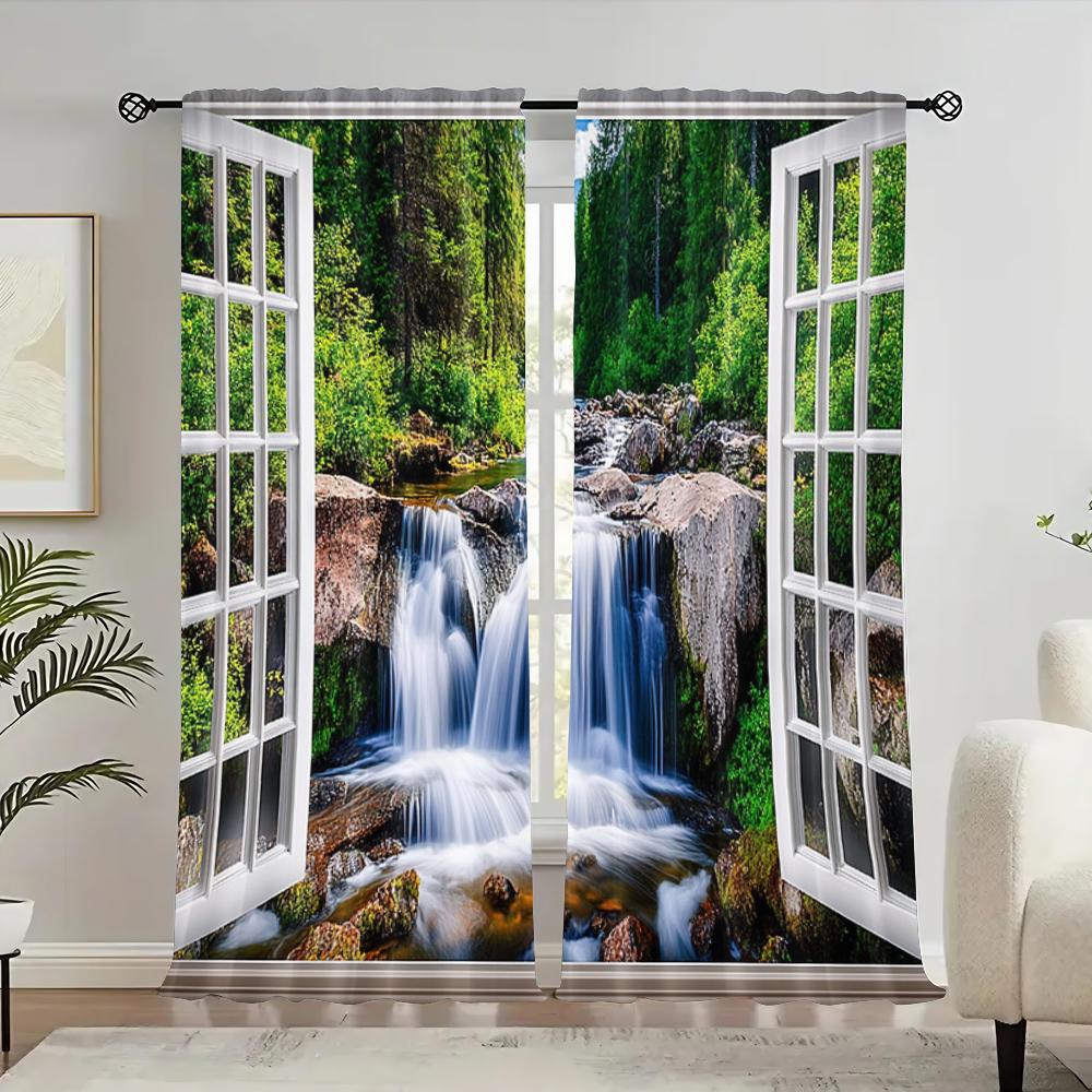 

2Pcs Forest Waterfall Curtain Green Rainforest Waterfall Tropical Tree Plant Jungle Nature Scenery Landscape Window Drapes 100*130 Rod Pocket 1pcs