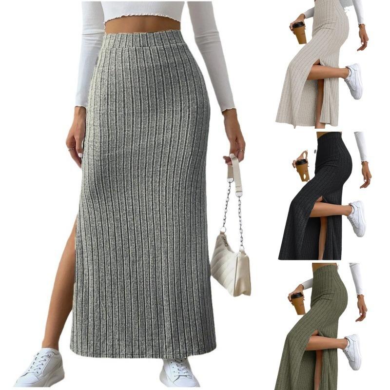 Spring Summer Side Split Slim Fit Knitted Skirt Women Solid Elegant High Waist Skirts Female Fashion Casual Office Lady Skirt 24147