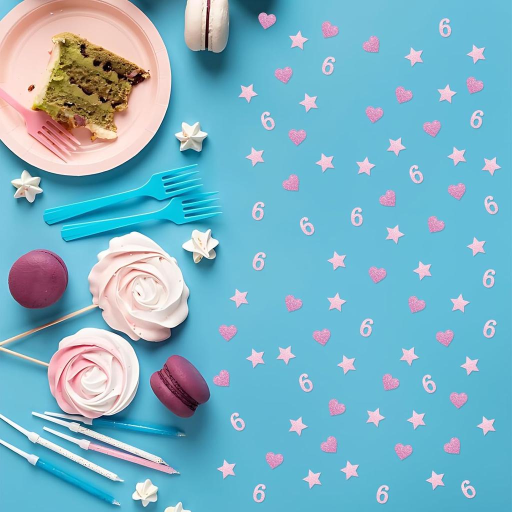 200PCS Number 6 Confetti, Pink Glitter 6th Birthday Paper Confetti, Twinkle Star/Sweet Heart Cut Out for Girls, 6th Anniversary Party Decoration