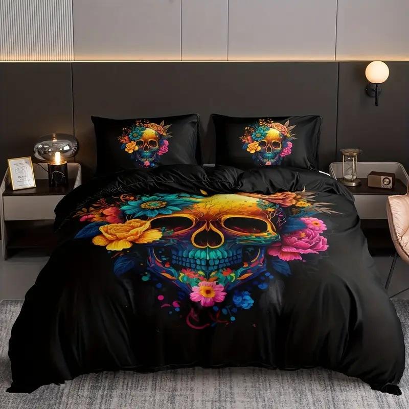 Gothic Skull Duvet Cover Set Queen Size Black And White Skull Bedding Set For Boys Teens Men Retro Floral Comforter Covers Set