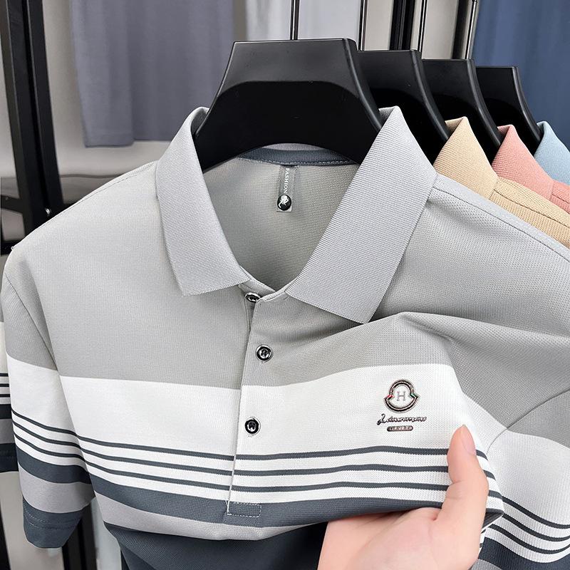 

Высококачественная красивая средняя мужская футболка с лацканами, полосатая легкая деловая рубашка-поло с короткими рукавами 4XL