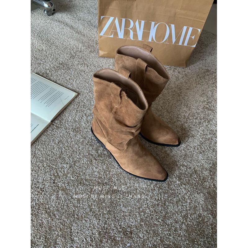 

2025 осень и зима корейские плиссированные сапоги острый носок толстый каблук ковбойские сапоги женские новые ботинки мартин короткие сапоги 39 абрикосовый