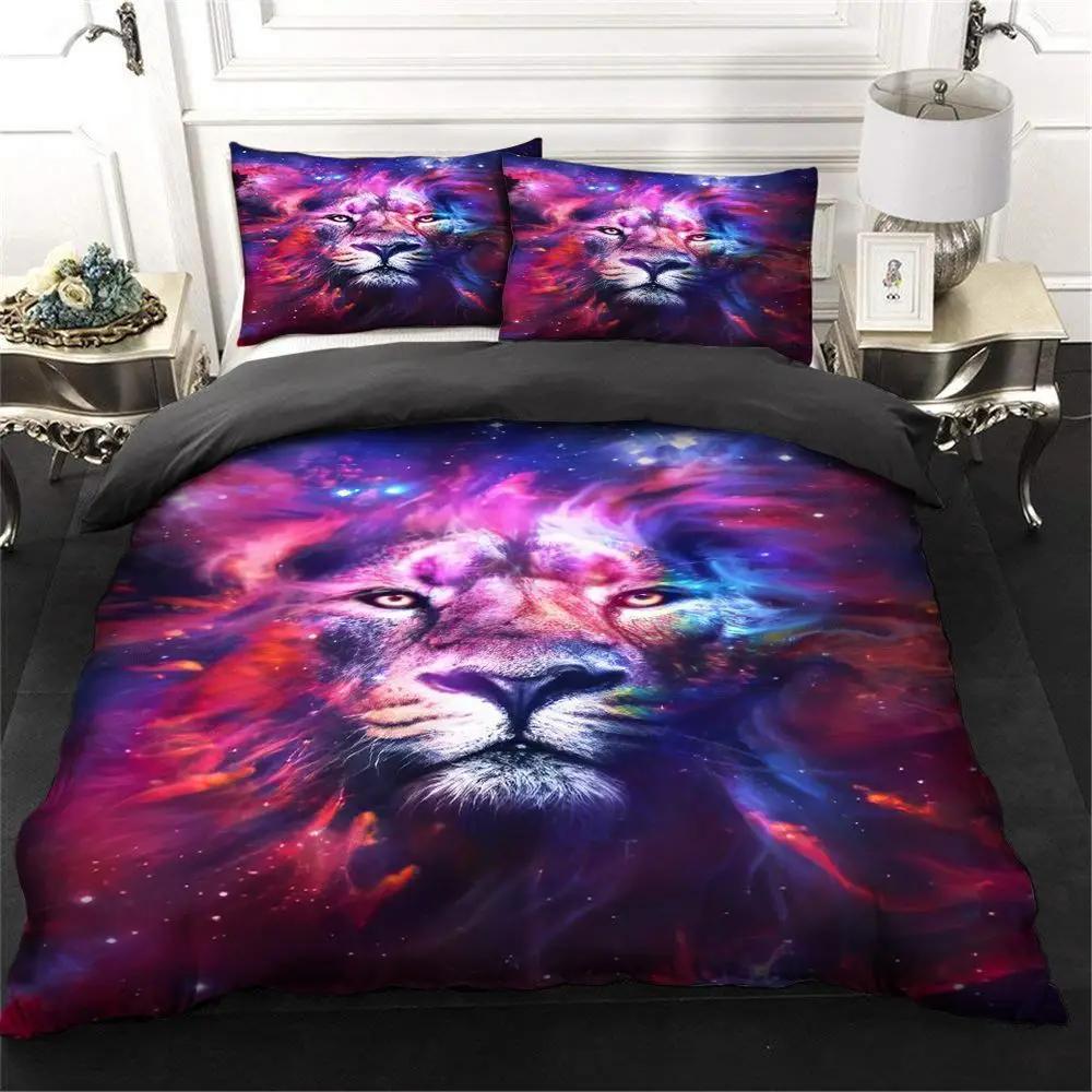 Galaxy Tiger Duvet Cover Set Blue Nebulas Stars Moon Bedding Sets Outer Space Wildlife Sky Starry King Comforter Cover Set