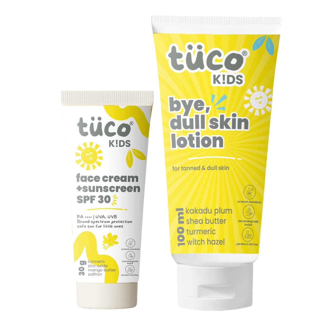 Tuco® Kids Lotion für stumpfe Haut (100ml) & Sonnencreme LSF30 (30 g) | Doppelpackung von 2 | Sicher für Kinder und Babys | LSF 30UVA/UVB PA++++ | Breitspekt yellow