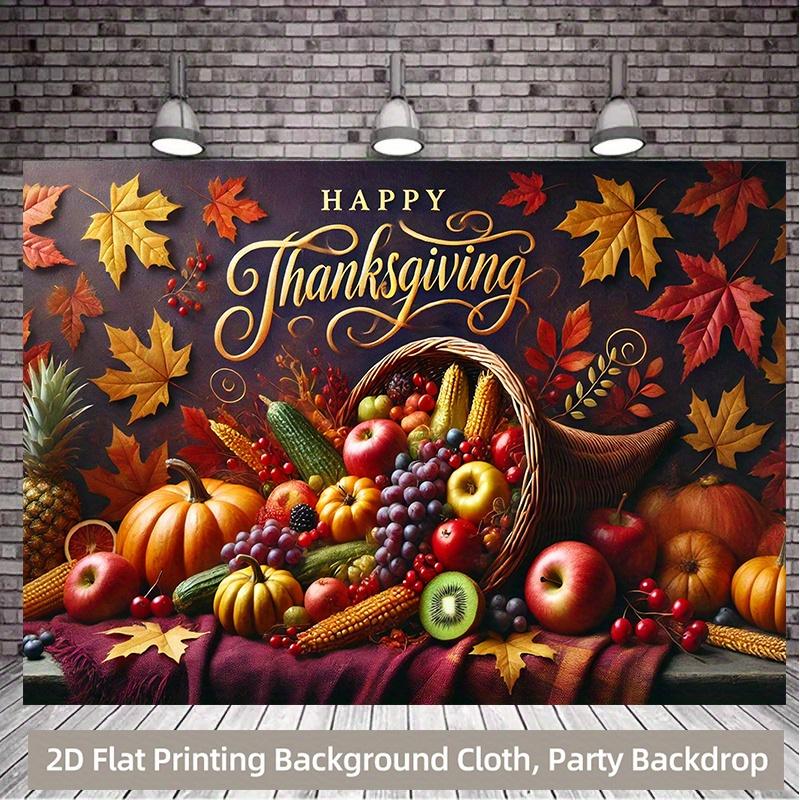 The autumn harvest Thanksgiving basket filled with various fruits and vegetables has a vibrant polyester background fabric.PMJ