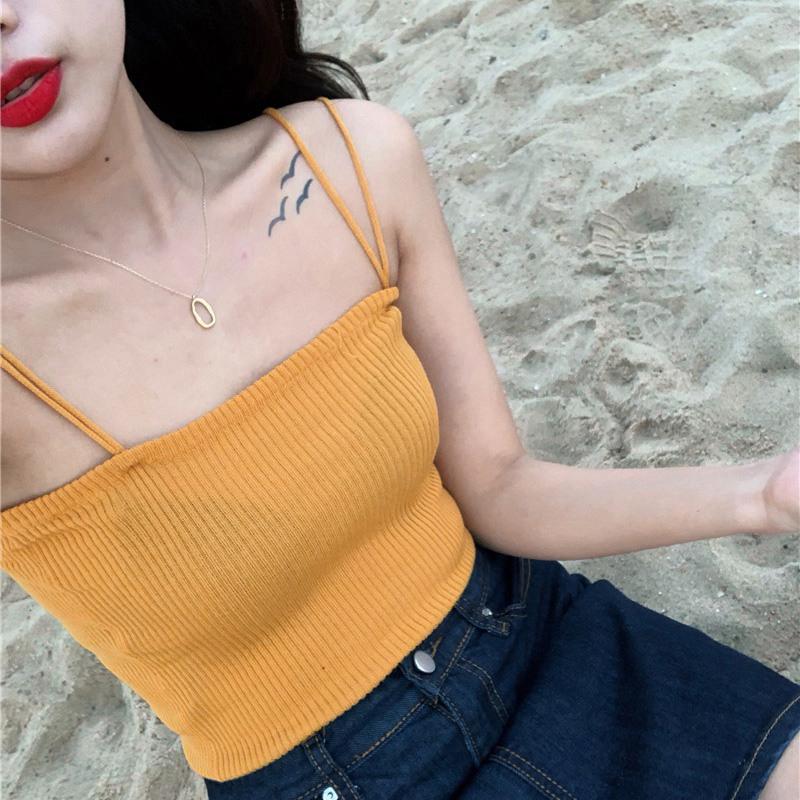 Women's Camisole Solid Color Vest Double Spaghetti Straps Knitted Camisole Tops