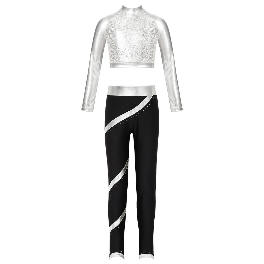 Girls Figure Skating Outfit Mock Neck Long Sleeve Sequin Shiny Crop Top Metallic Striped Pants Dance Costume