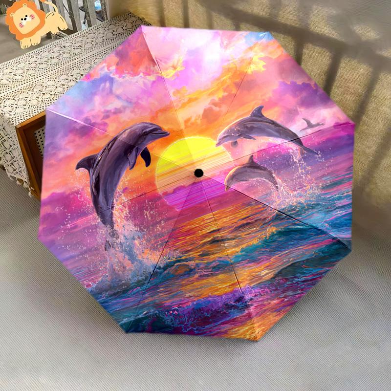 1 Pezzo Ombrello Pieghevole Automatico - Fantasia Delfini, Design Portatile e Pieghevole con 8 Stecche, Regali di Natale e Compleanno