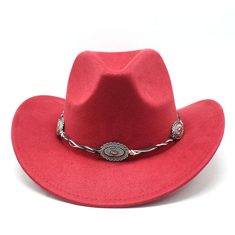 Semišový Upturned Edge Western Cowboy Klobouk Muži a ženy Outdoorový cestovní klobouk Rolled Brim Etnický styl Cylindr Plstěný klobouk