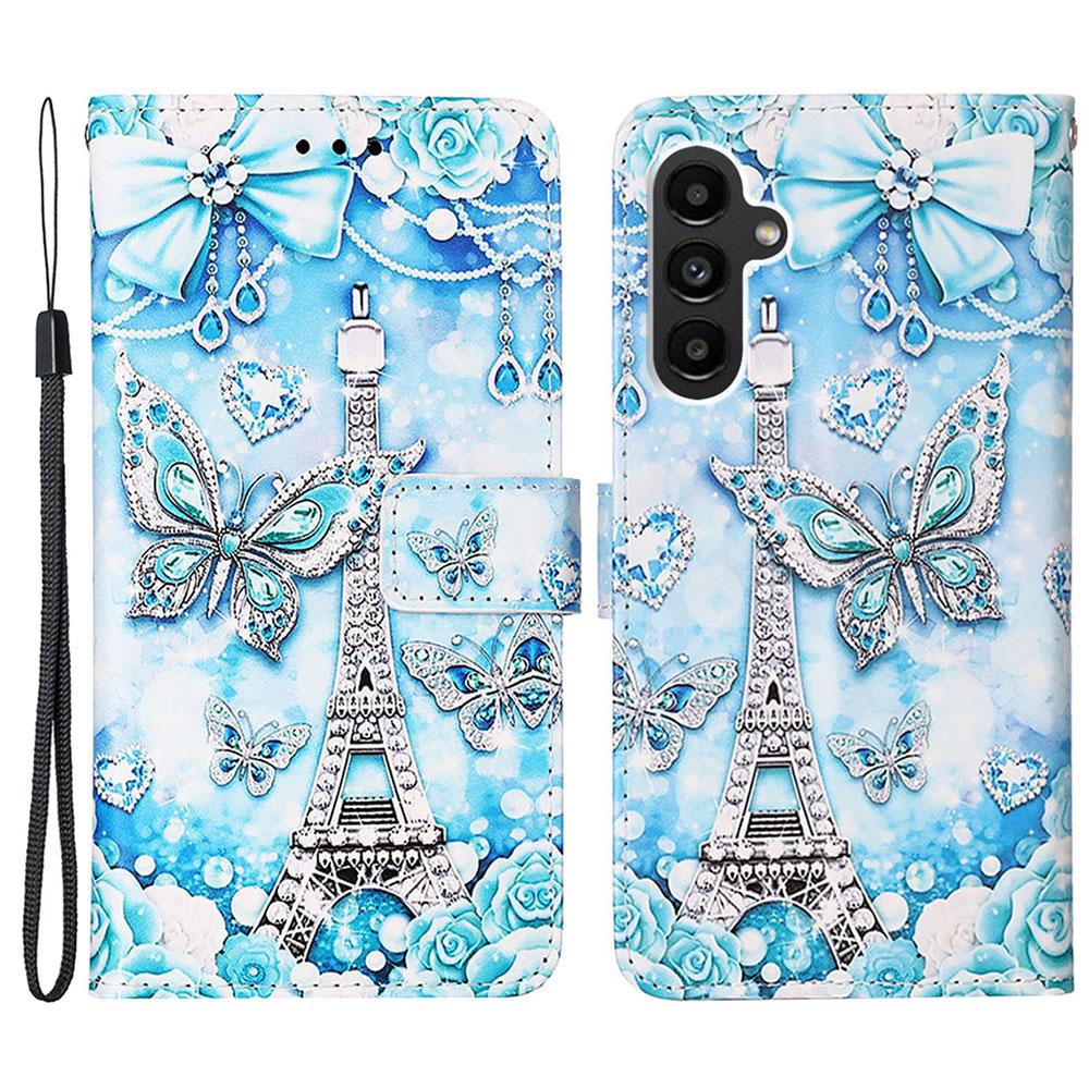 Für Samsung Galaxy A15 4G Lederhülle mit Trageriemen und Kartenhalter Musterdruck Handy Ständer Hülle