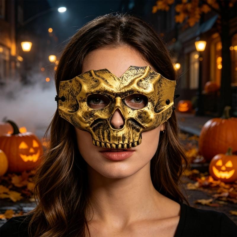 PU Skull Costume Mask with Half-Face Coverage, Gold Finish, Dark Shading, Eye Openings, and Open Nose and Mouth for Costume Party Wear
