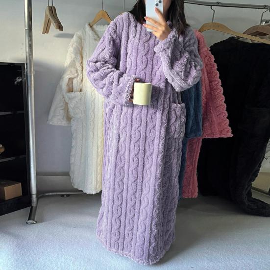Women's Flannel Nightgown Fuzzy Plush Warm Crewneck Sleepwear Loose Winter Pullover Nightdress with Pockets
