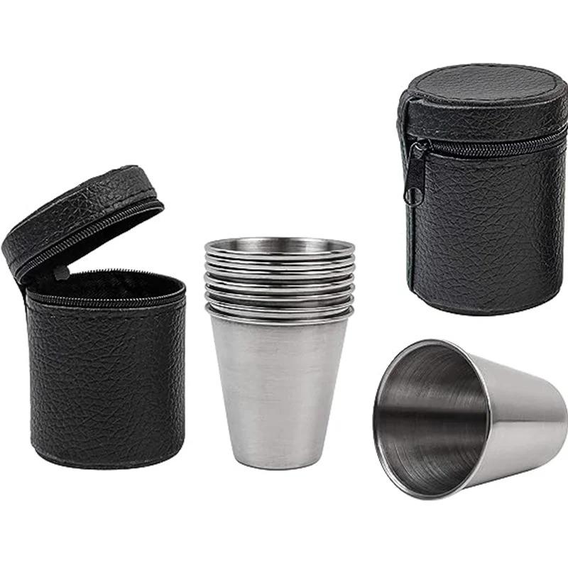 4-Piece Stainless Steel Water Glass With Black Leather Carrying Case Outdoor Camping Practical Travel Whiskey Wine Glass