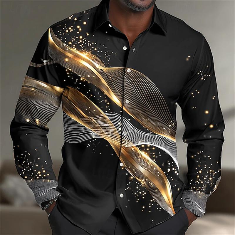 Men's long-sleeved shirt, stylish geometric print shirt, business casual slim-fit long-sleeved collared shirt for men.