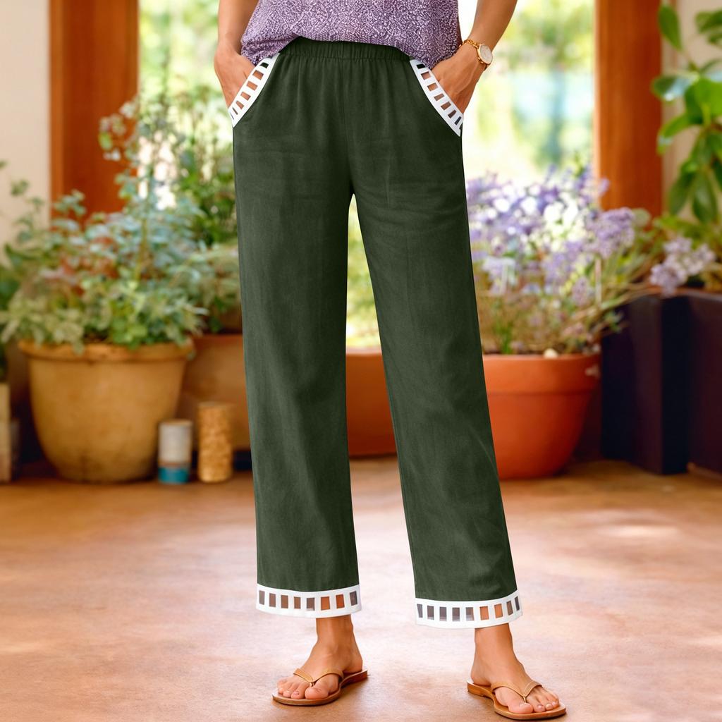 Women's Fashion Color Pocket Elastic Waist Versatile Cotton Lace Casual Sports Pants