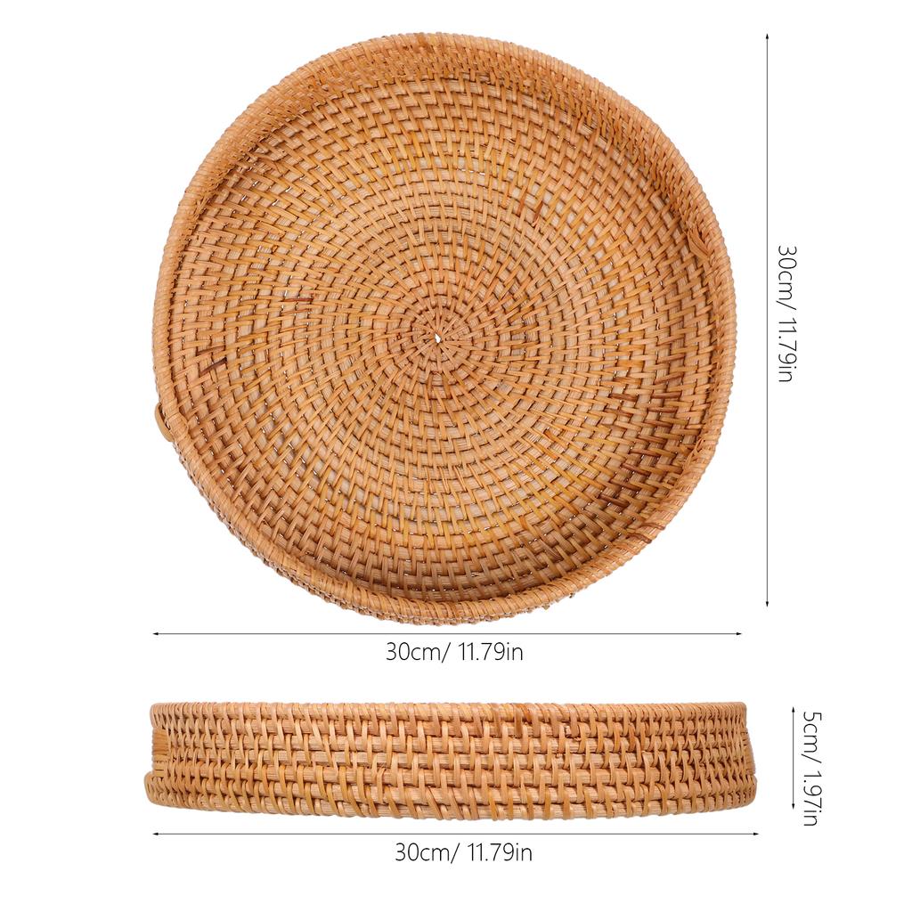 Round Rattan Tray 14-Inch Woven Fruit Bowl Hollow Handle Design Natural Material Kitchen Dining Table Round Tray with Sides