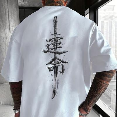Men's Summer 100% Pure Cotton Fashionable Casual Loose Japanese Samurai Sword Pattern Printed Round Neck Short Sleeved T-shirt