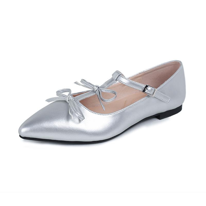 Gentle Pointed Mary Jane Shoes Silver French Small Beautiful Light Mouth Single Shoes Women's Flat Bottom Bow Flat Bottom Temperament Shoes