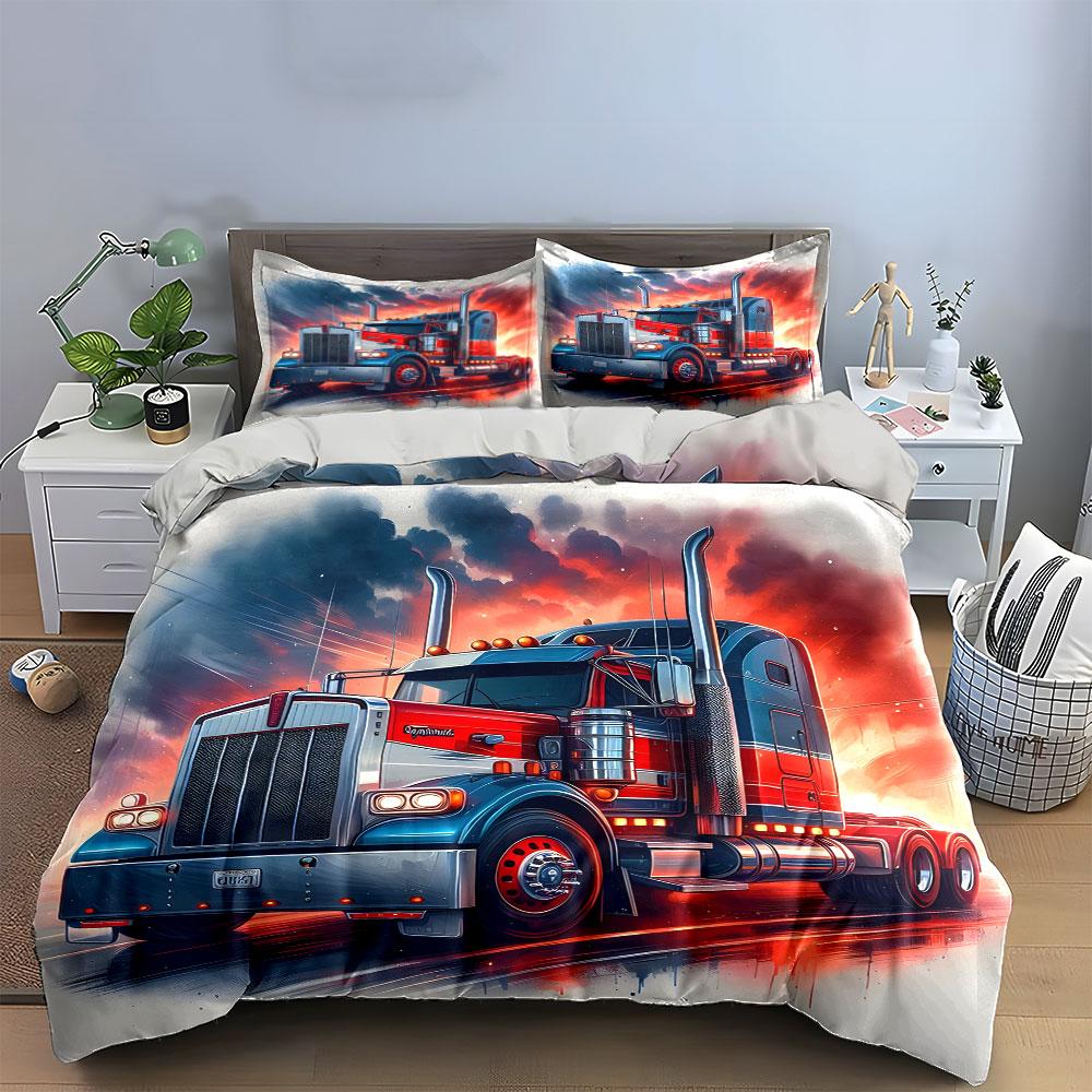 "Red and Blue Semi Truck Design" Bedding Duvet Cover Set  (1*Duvet Cover 2*Pillowcases, without duvet insert)