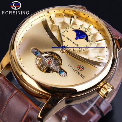 Moon Phase Automatic  Watch Royal Men Golden Waterproof Mechanical Wristwatch Casual Genuine Leather Tourbillon Clock