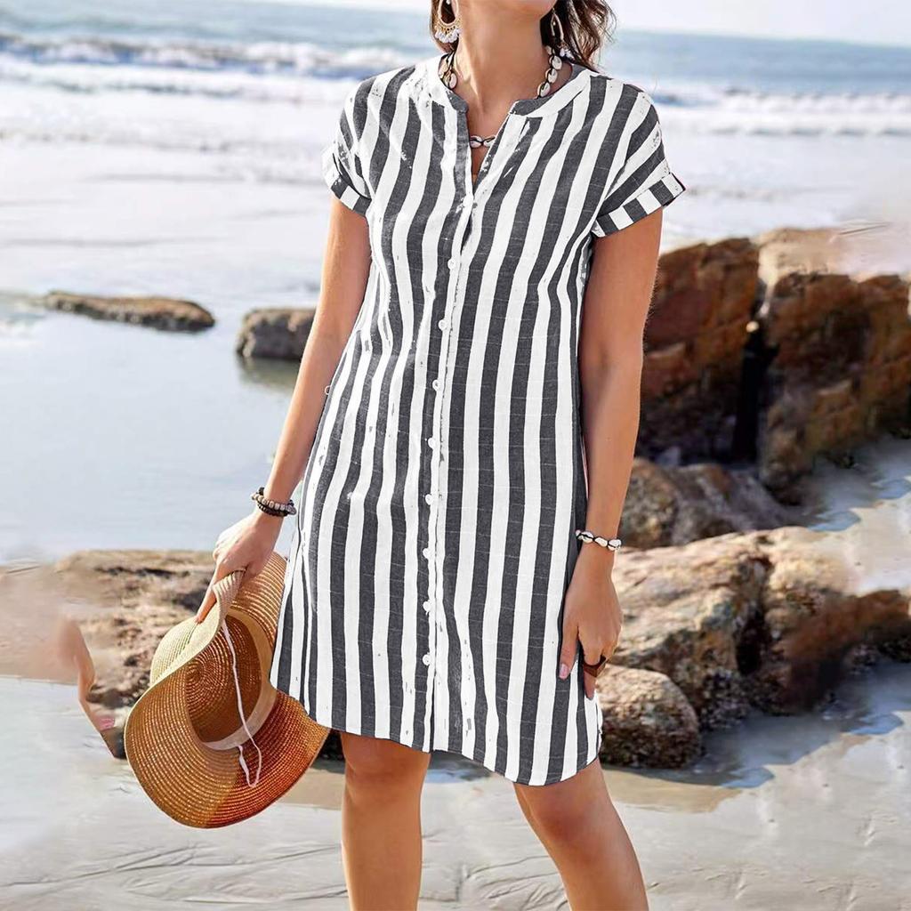 Women's Casual Cotton And Linen Striped Printed Short Sleeved Shirt Dress