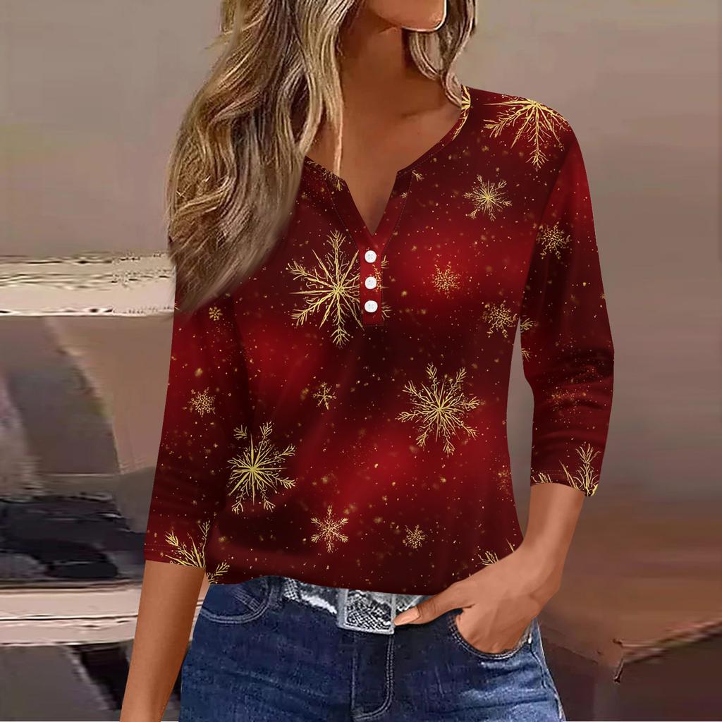 Women's Fashion Casual Christmas Tree Print V-Neck Decorative Button Three-Quarter Sleeve T-Shirt Top