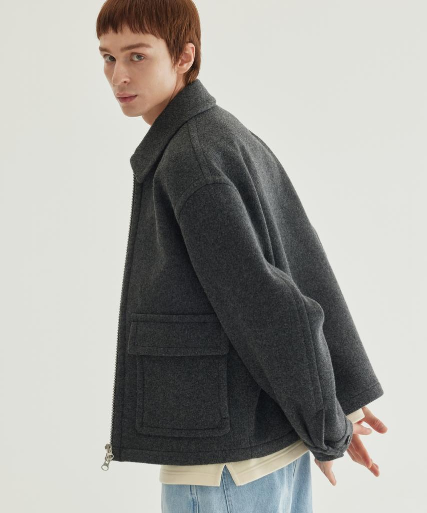 COVERNAT Wool Zip-Up Half Coat Charcoal