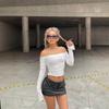 Amazon European and American Women's Clothing 2026 Spring New Arrivals Sexy Off-Shoulder Slim Mesh Bell-Sleeve Long-Sleeve T-Shirt for Women