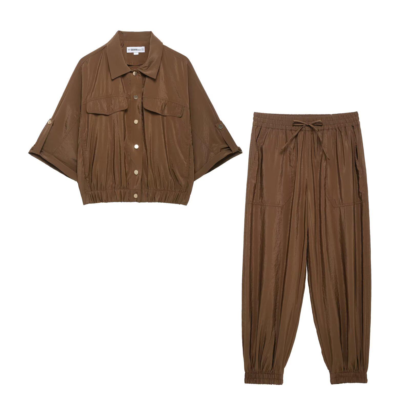 

2025 Spring Women s Safari Style Shirt & Jogger Set XS