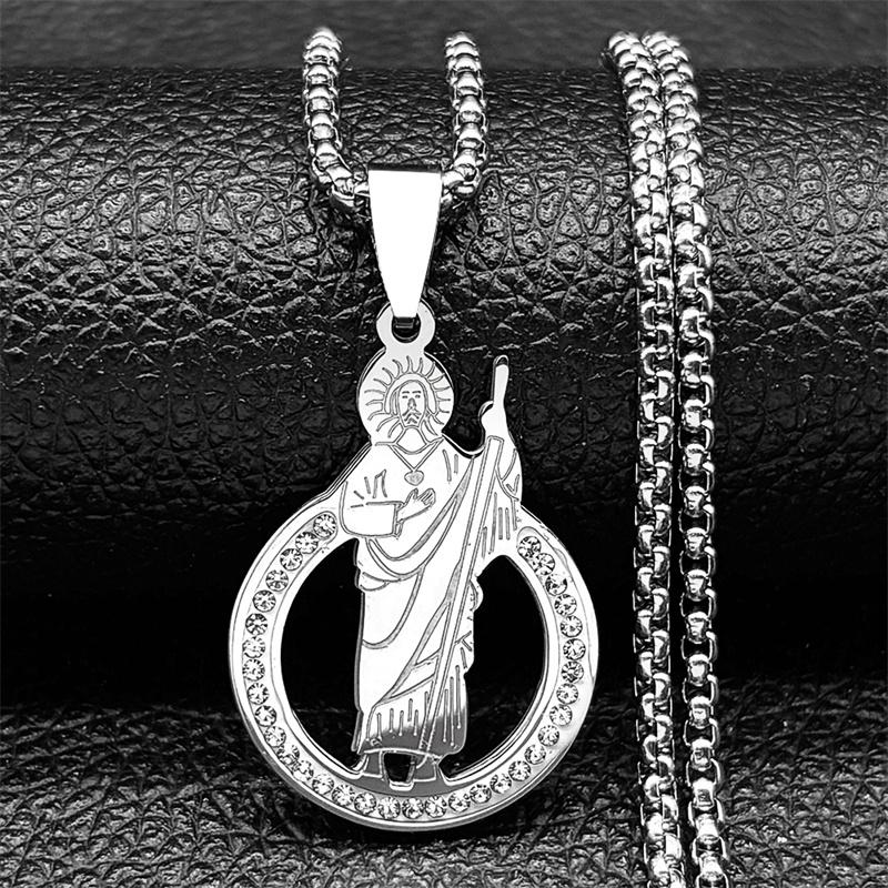 San Judas Tadeo Rhinestones Pendant Necklace for Men Women Stainless Steel Gold Color Saints Apostle of Jesus Chain Jewelry