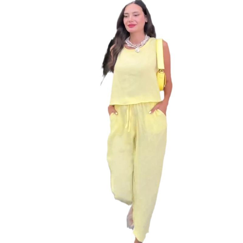 2024 Summer Women's Solid Color Sleeveless Top & Casual Long Pants Two-Piece Set