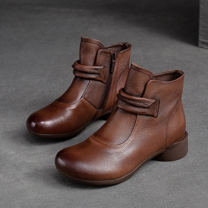 Johnature Retro Solid Color Short Boots Genuine Leather Round Toe Side Zipper Low Heel Casual Women's Shoes