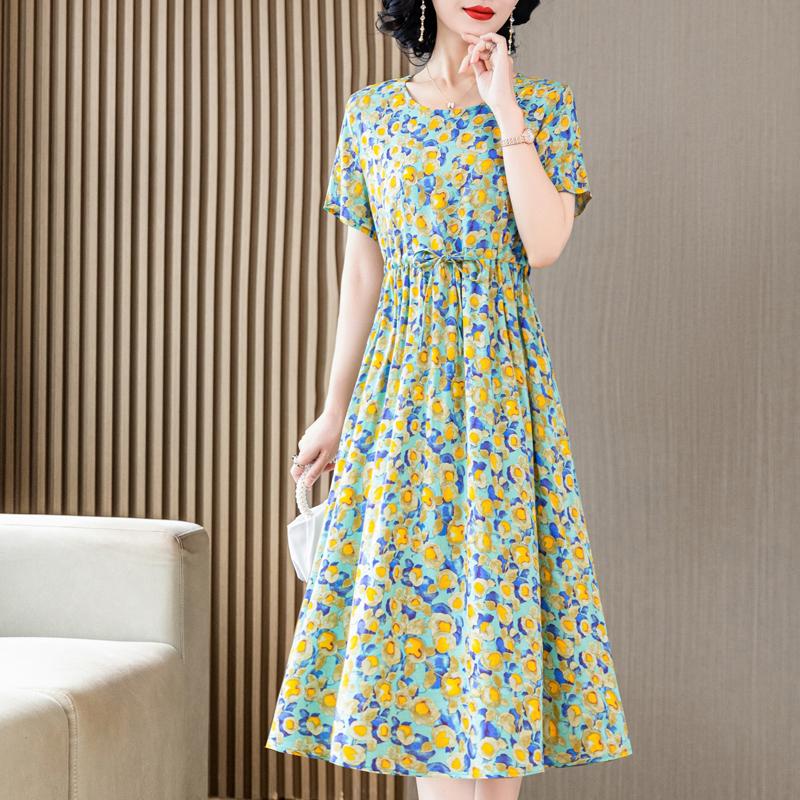 Elegant Dresses for Women  New Casual Vintage Print Long Dress Summer Short Sleeve Korean Style Female Clothing