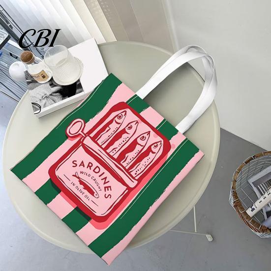 Durable Fabric School Bag Striped Canvas Tote, Sardine Can Pattern, Reusable Shopping Bag, Foldable Versatile Everyday Handbag Tote for Women Men Gym