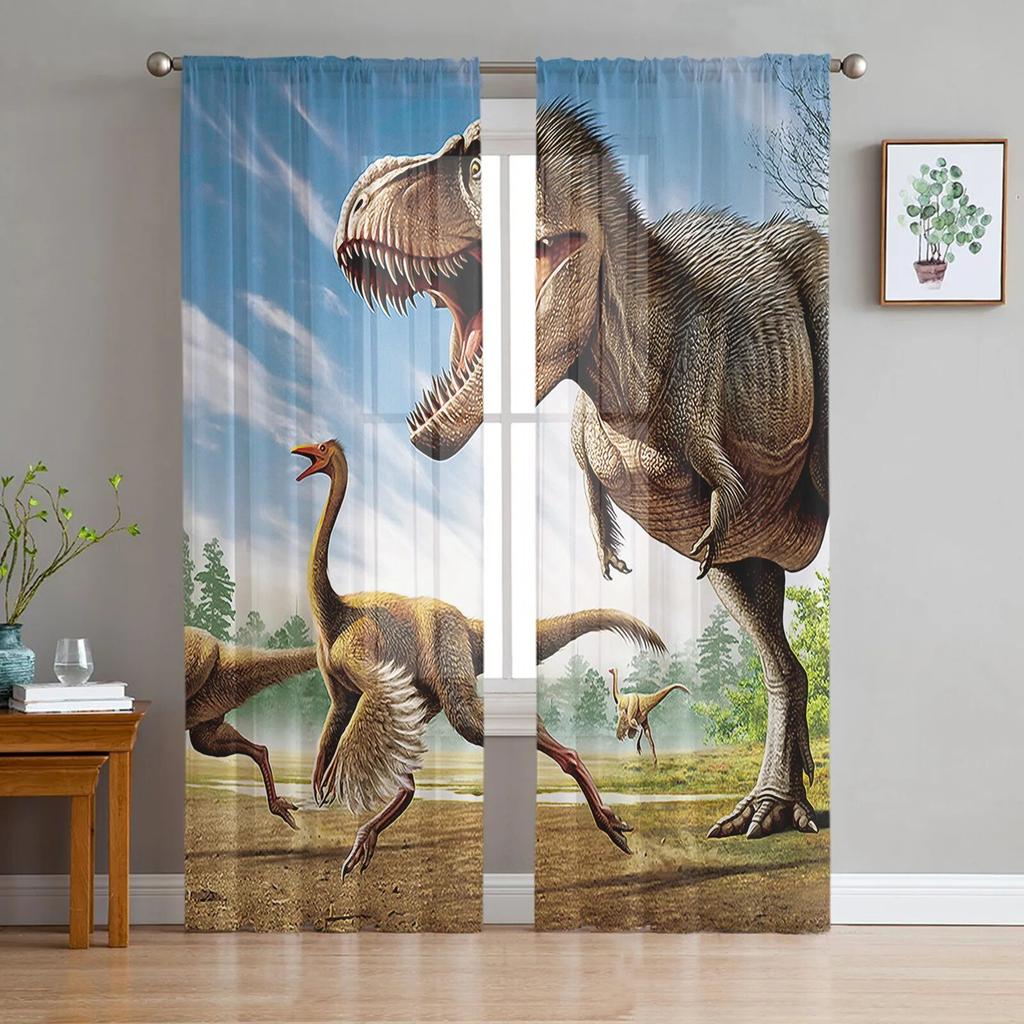 Jurassic 3D Dinosaur Virgin Forest Sheer Curtains for Living Room Bedroom Tulle Window Drapes for Kitchen Decoration