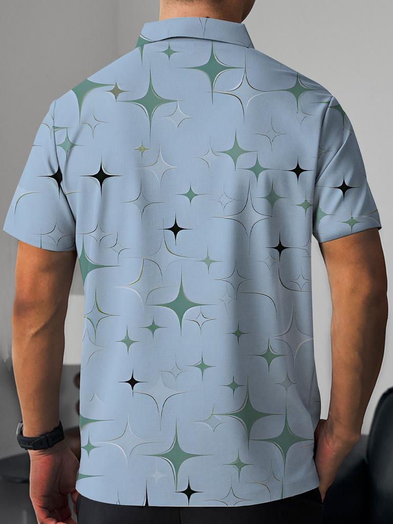 Men's Short-Sleeve Fashion Golf Light Blue Geometric Star Pattern T-Shirt, Casual Summer Graffiti Print Top with Pullover Collar