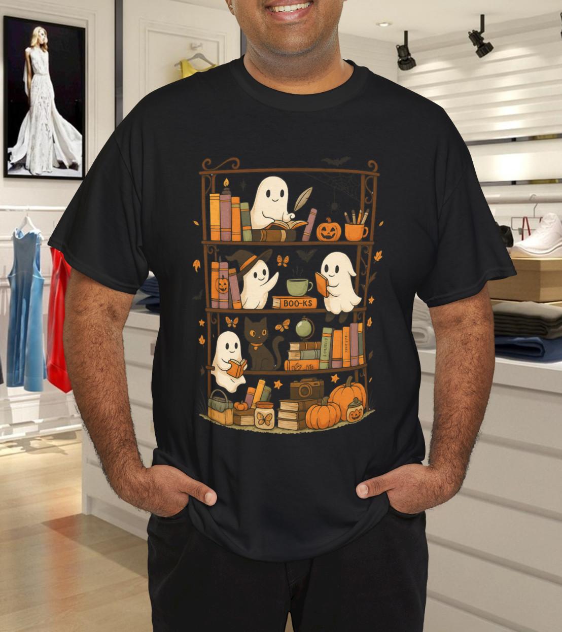 Retro Halloween Bookshelf Ghost And Cat Bookshelf Book Lover T-Shirt Mens Womens Tees Top L
