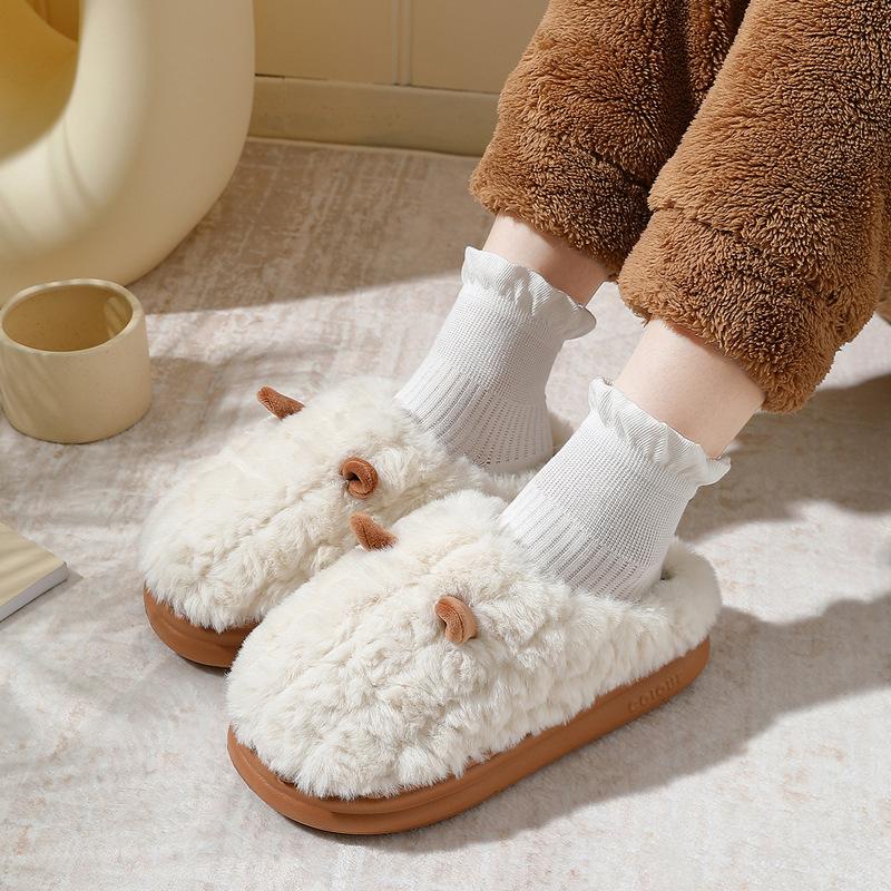Cartoon cotton slippers female winter couple cute ears plush warm non-slip ladies home household wool slippers male
