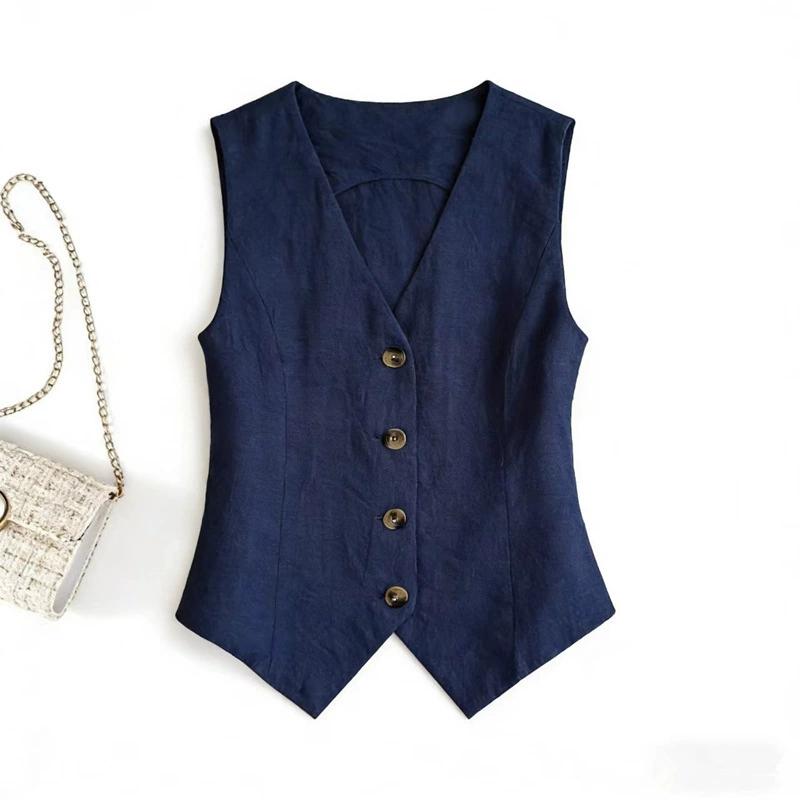 Summer Linen V-neck Vest for Women Elegant Office Loose Fit Sleeveless Waistcoat Solid Color Single-Breasted Fashion Top
