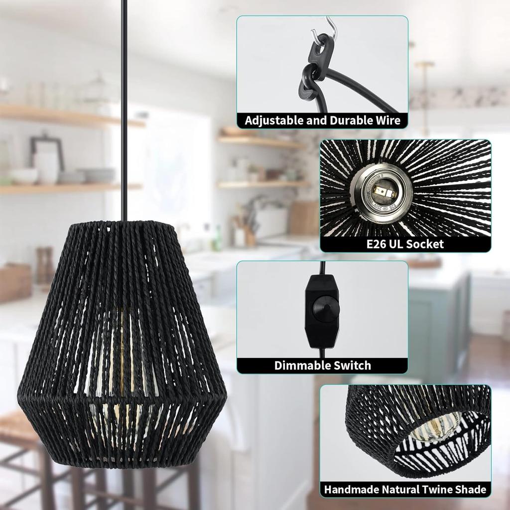 Plug-in Pendant Light,Hanging Lights Fixture With 15ft Cord On/Off Switch,Black Handwoven Rattan Basket Shade Boho Lamp for Bathroom Staircase