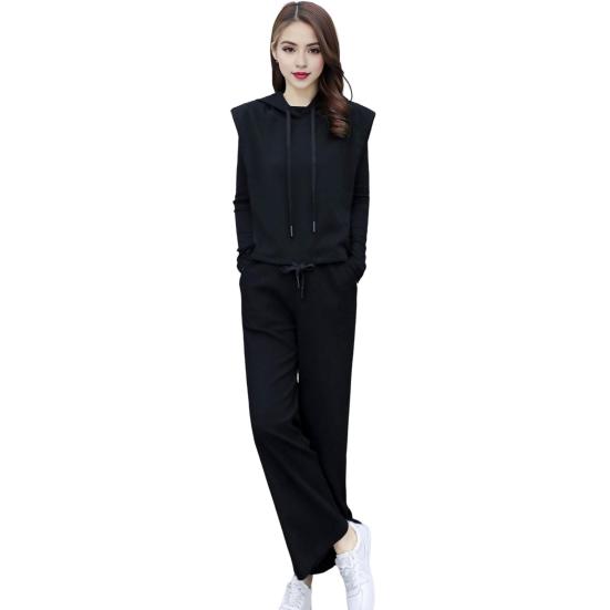 3 Pcs/Set Women Vest Top Pants Set Hooded Drawstring Sleeveless Hoodie Long Sleeve O Neck Top