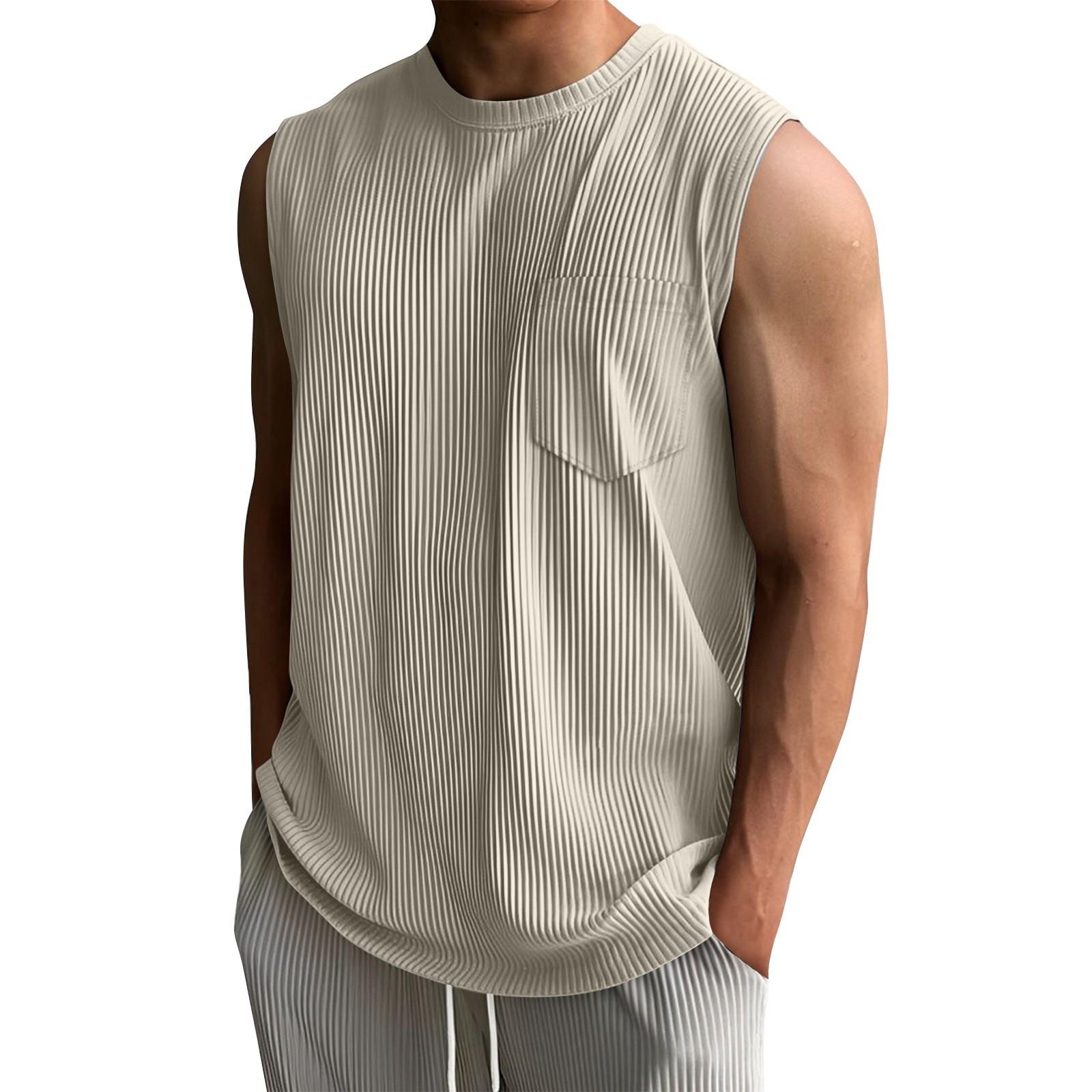 

Men s Summer Solid Color Stripe Pocket Sports Vest Men s Sports Casual Vest M хакі