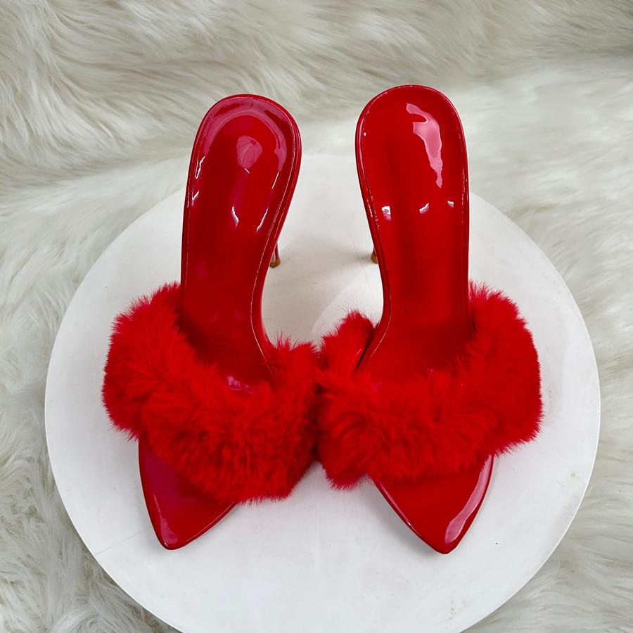 Super High Heels Summer Women Slippers Fur Pointed Toes Slip On Slides High Heels 12cm Sexy Women Sandals 33-45