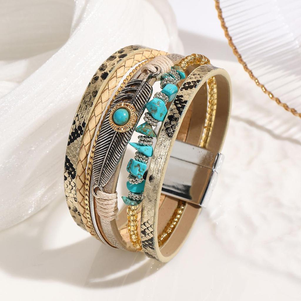 Bohemian Style Crushed Stone Feather Leather Bracelet with Vintage Turquoise and Magnetic Clasp
