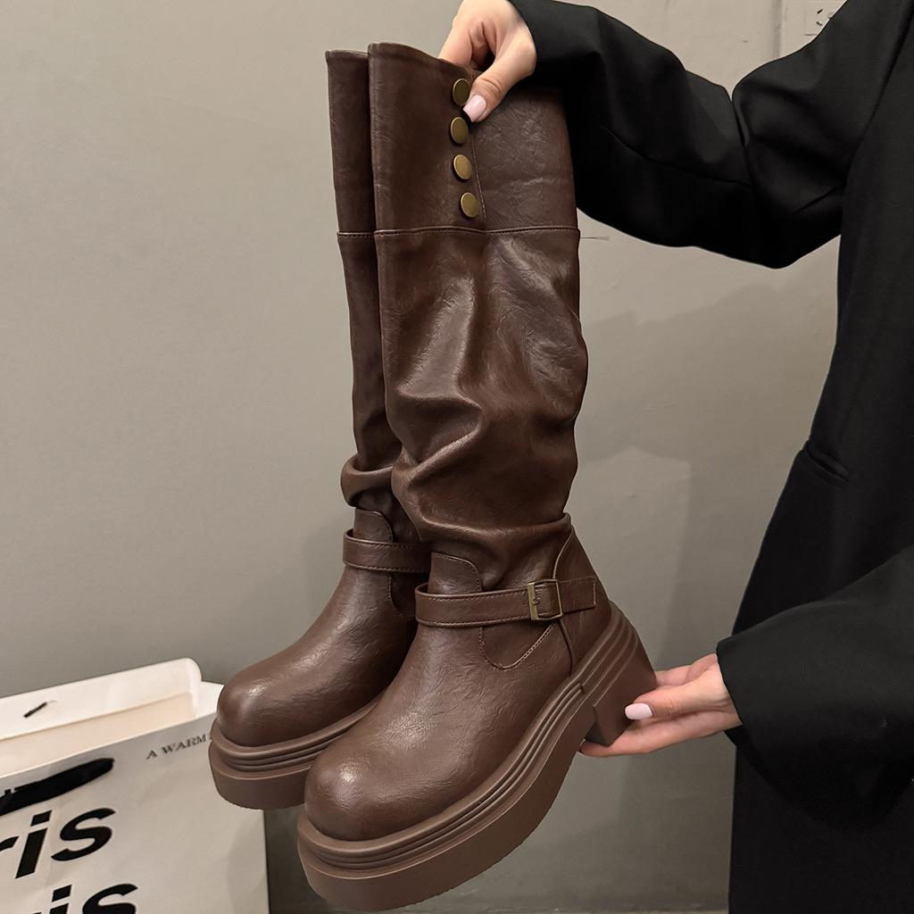 Fashion Knee High Boots Women Autumn Casual Slip on Women Shoes Square Mid Heels Solid Leather Circle Buckle Motorcycle Boots
